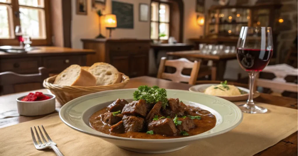 Hirschgulasch auf einem weißen Teller, serviert mit Rotwein und Brot in einer rustikalen Gaststube, ideal für ein klassisches Hirschgulasch Rezept