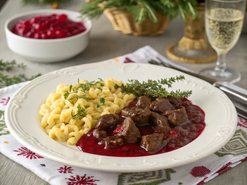 Hirschgulasch serviert mit Spätzle, Cranberry-Soße und frischen Kräutern auf einem weißen Teller, ideal für festliche Anlässe.