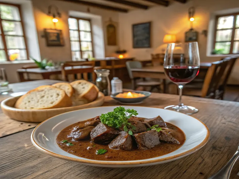 Ein Teller voll angerichtetes Hirschgulasch mit zartem Fleisch in dunkler Soße, garniert mit frischen Kräutern, dazu Beilagen wie Spätzle und Preiselbeeren