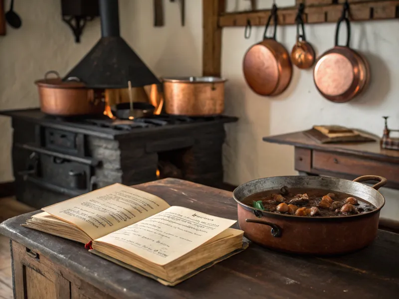 Traditionelle Gaststube mit Hirschgulasch, Kupfertöpfen und rustikalem Ambiente, inspiriert von der mitteleuropäischen Küche.