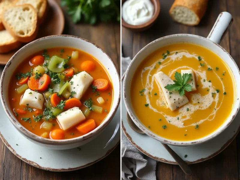 Zwei Schüsseln Fischsuppe nebeneinander: eine cremig mit Sahne und eine klar, um Texturvarianten zu zeigen.