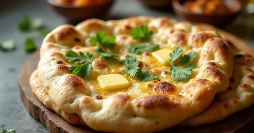 Frisch gebackenes Naan Brot mit geschmolzener Butter und frischen Petersilienblättern, serviert auf einem Holzbrett – perfektes Naan Brot Rezept für jede Mahlzeit.