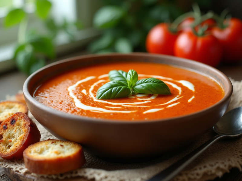 Einfach Tomatensuppe mit Basilikum – gesundes Mittagessen für die Familie.