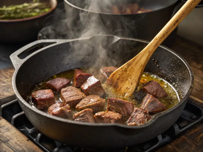 Hirschgulasch im Zubereitungsprozess: Hirschfleisch wird in einem Topf mit Gemüse angeröstet und mit Rotwein abgelöscht