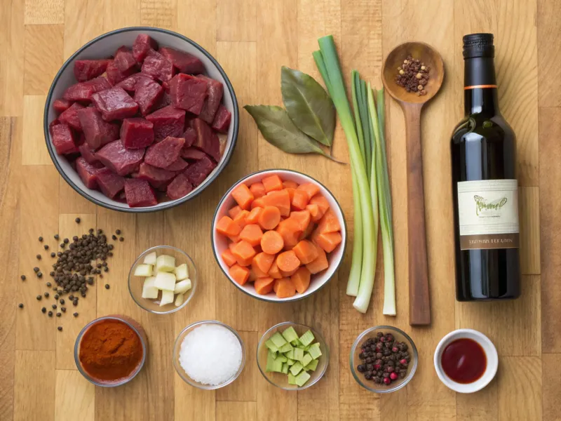 Zutaten für Hirschgulasch auf einem Holztisch: Hirschfleisch, Rotwein, Gemüse, Tomatenmark, Lorbeerblätter und Wacholderbeeren