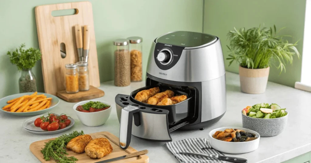 Airfryer auf der Küchenarbeitsplatte mit knusprigem Hähnchen und Gemüse – ideal für Airfryer Rezepte.