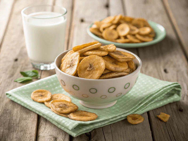 Knusprige, selbstgemachte Bananenchips aus dem Airfryer – ein kinderfreundlicher Snack ohne Zucker.