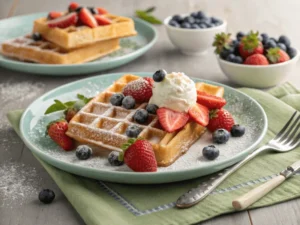 Belgische Waffeln mit Puderzucker, Erdbeeren, Heidelbeeren und einer Sahnehaube auf einem Teller.