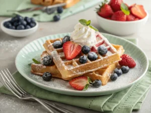 Brüsseler Waffeln mit Puderzucker, frischen Beeren und Sahne, serviert auf einem Teller.