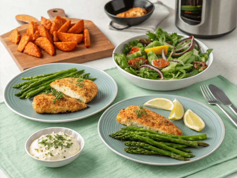 Herb-crusted chicken breast, sweet potato fries, and salmon with green asparagus – three Ninja Airfryer Rezepte showcased in a modern kitchen.