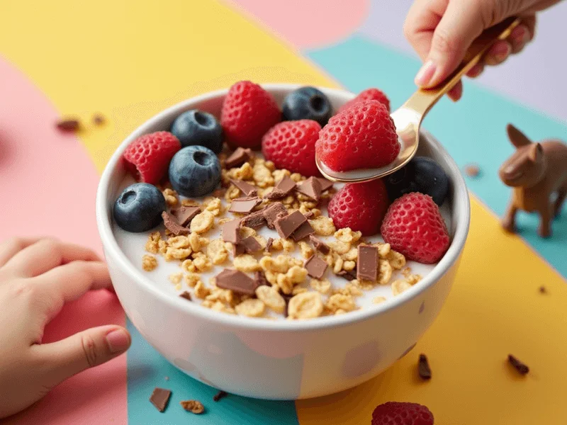 Bircher Müsli für Kinder mit bunten Beeren, Schokoraspeln und Kakao für eine leckere und spaßige Mahlzeit.