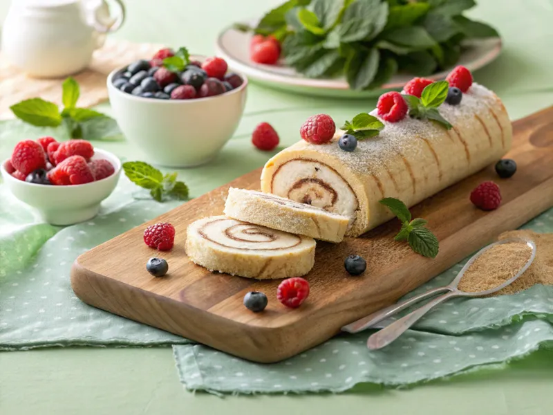 "Geschnittene Biskuitroulade auf einem Holzbrett mit frischen Beeren dekoriert