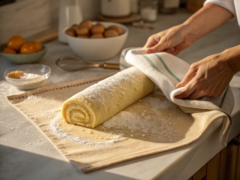 Frisch gebackener Biskuitteig wird in ein zuckerbestreutes Tuch gerollt