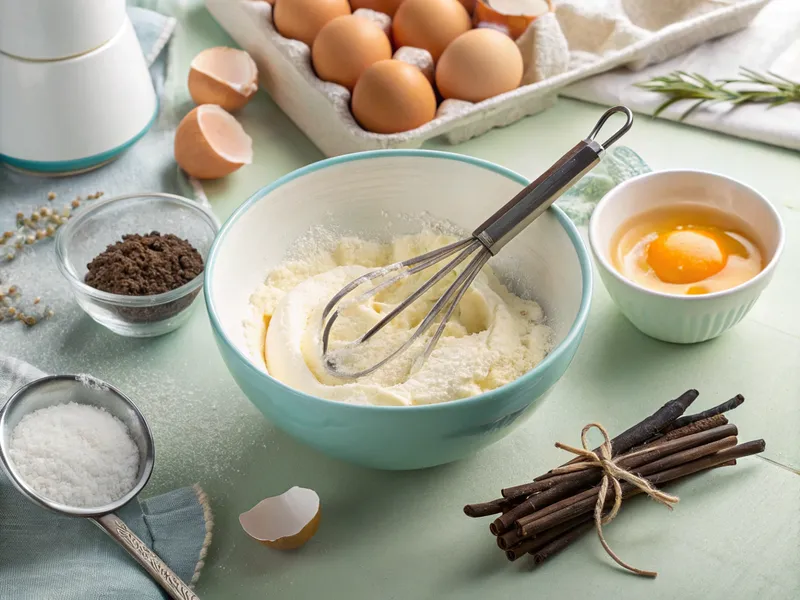 Eier und Zucker werden in einer Schüssel mit einem Handmixer schaumig geschlagen