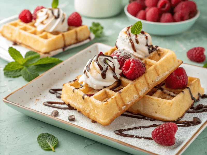 Brüsseler Waffeln mit Sahne, Himbeeren und Schokosoße, rechteckig und knusprig.