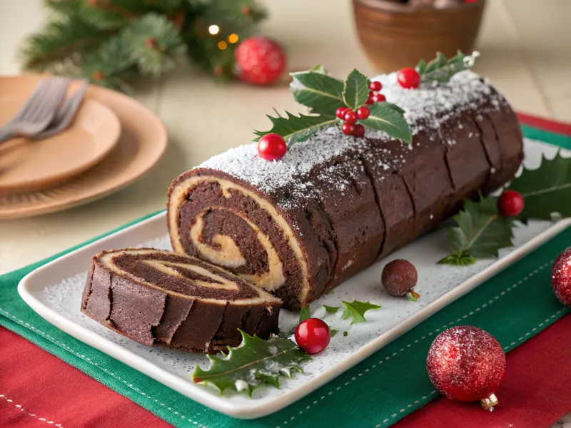 Festliche Bûche de Noël Schokoladenroulade mit Schokoladenfüllung, dekoriert mit Puderzucker und Stechpalmen.