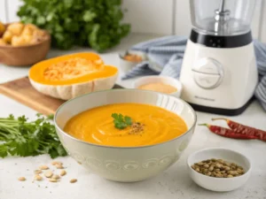 Samtig-cremige Kürbissuppe im Thermomix, frisch püriert für die perfekte Konsistenz.