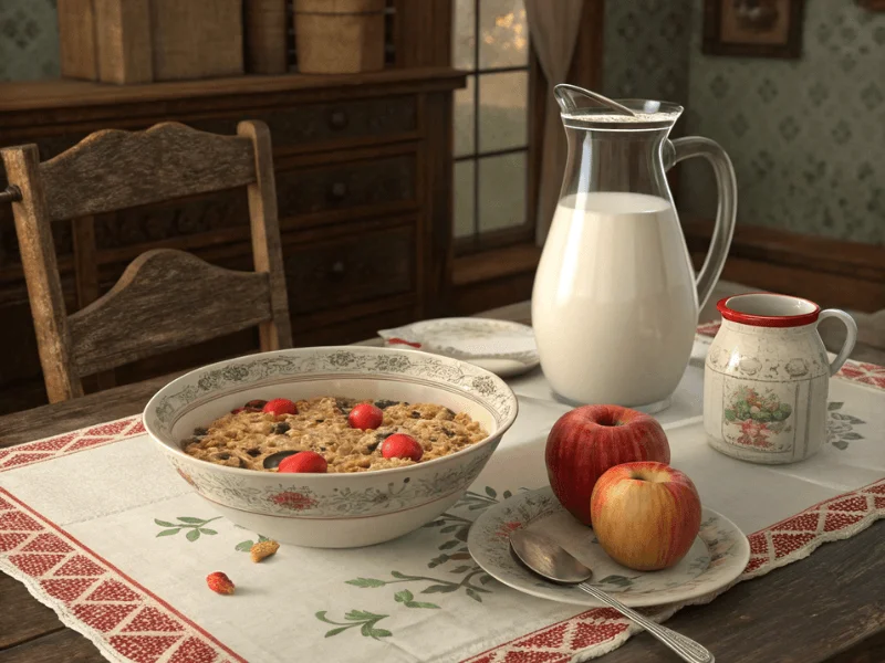 Historische Darstellung eines Schweizer Frühstücks mit Bircher Müsli und Milch in den 1900er Jahren.