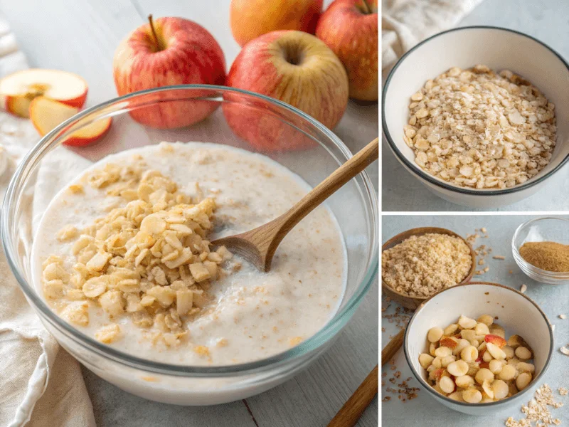 Schritte zur Zubereitung von Bircher Müsli: Haferflocken einweichen, Äpfel reiben und Zutaten mischen.