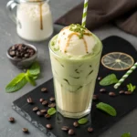 Eiskaffee Rezept – Cremiger Eiskaffee mit Vanilleeis auf schwarzem Schieferhintergrund