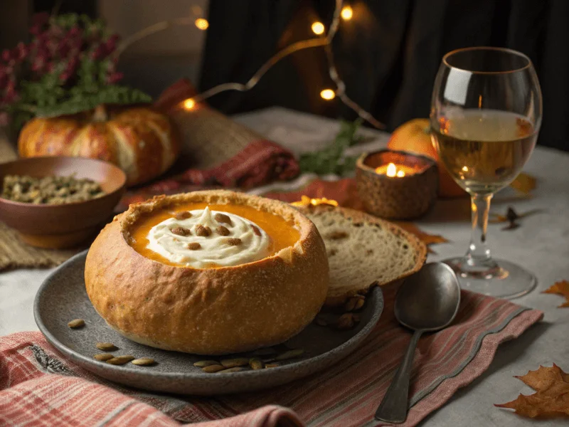 Kürbissuppe Thermomix in einer ausgehöhlten Brotlaib-Schale mit Kokoscreme, dekoriert mit gerösteten Kürbiskernen und frischen Kräutern.