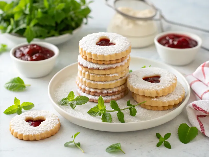 Fertige Linzer Augen Kekse gestapelt auf einem weißen Teller mit Marmeladefüllung