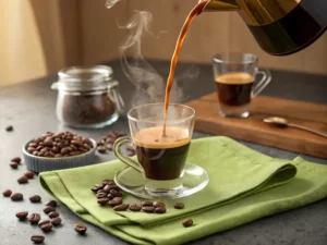 Kaffee für Eiskaffee Rezept: Frisch gebrühter Espresso mit dampfender Oberfläche.