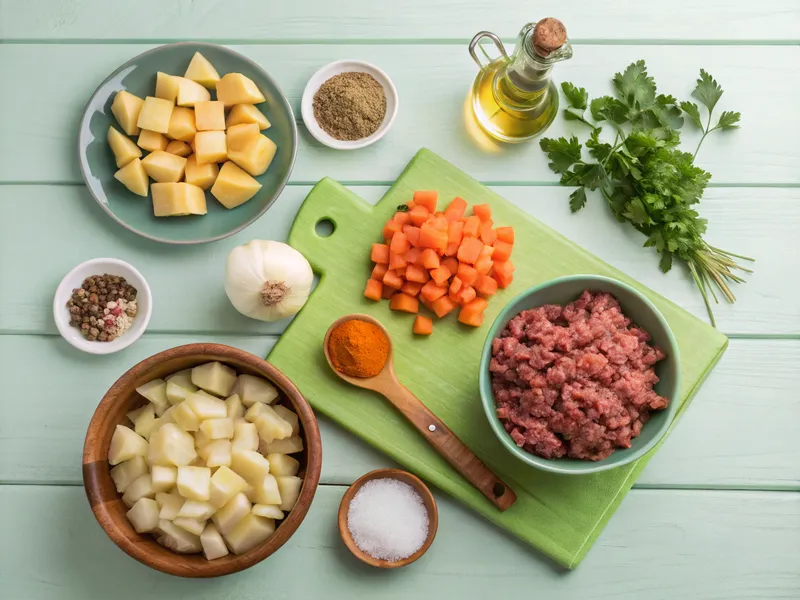 Zutaten für Hackfleisch Eintopf, darunter Karotten, Kartoffeln, Zwiebeln, Hackfleisch und Gewürze auf grünem Untergrund.