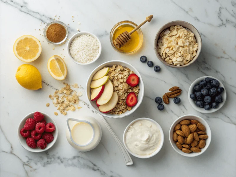 Zutaten für traditionelles Bircher Müsli: Haferflocken, Joghurt, Äpfel, Honig, Zitronensaft, Beeren und Nüsse auf einer Arbeitsplatte.