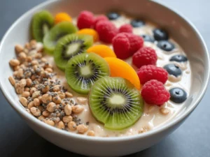 eganes Bircher Müsli mit Haferflocken, geriebenen Äpfeln, Agavendicksaft und einer bunten Auswahl an Beeren.