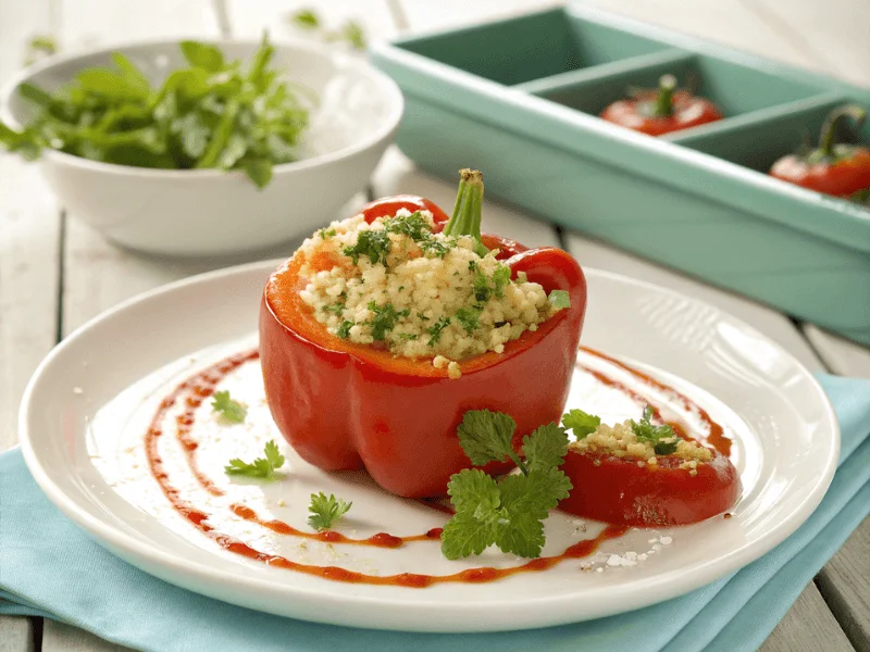 Rote Paprika, gefüllt mit Couscous und Kräutern, gebacken im Airfryer – ein gesundes vegetarisches Rezept.