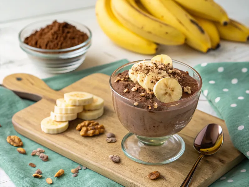 Gesunde Banane-Schokoladen-Nicecream mit Bananenscheiben und Kakaopulver.