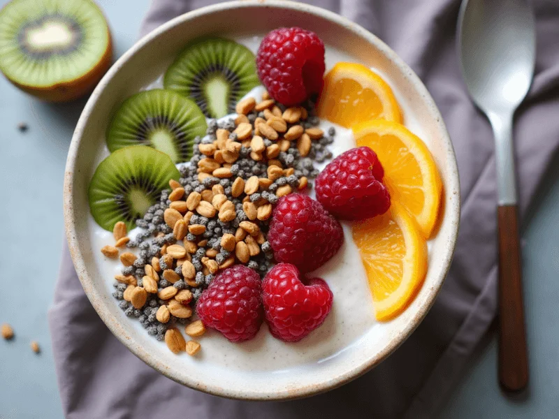 Veganes Bircher Müsli zubereitet mit Sojajoghurt, pflanzlicher Milch, geriebenen Äpfeln, Chiasamen und Beeren.