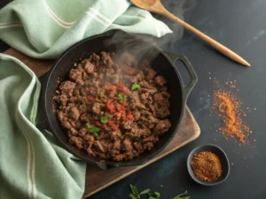 Hackfleisch wird in einem gusseisernen Topf angebraten, gewürzt mit Paprika und Holzlöffel an der Seite.