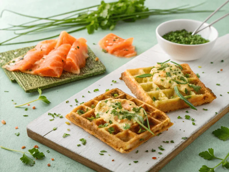 Lütticher Waffeln mit Käse und Kräutern, serviert mit Räucherlachs auf einem Teller.