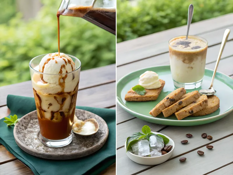 Internationalen Eiskaffee-Variationen: Italienischer Affogato, griechischer Frappé, japanischer Kori-Kohi und vietnamesischer Eiskaffee.