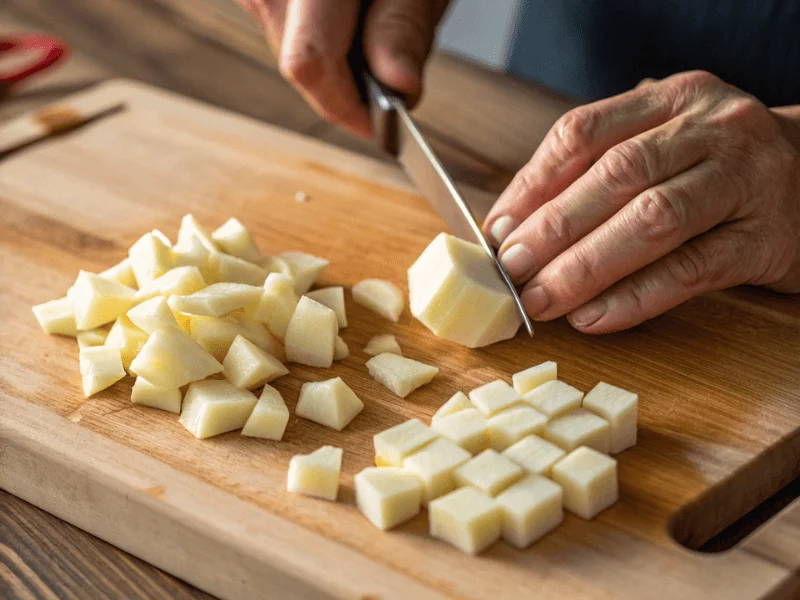 Kartoffeln werden gleichmäßig in Würfel geschnitten.