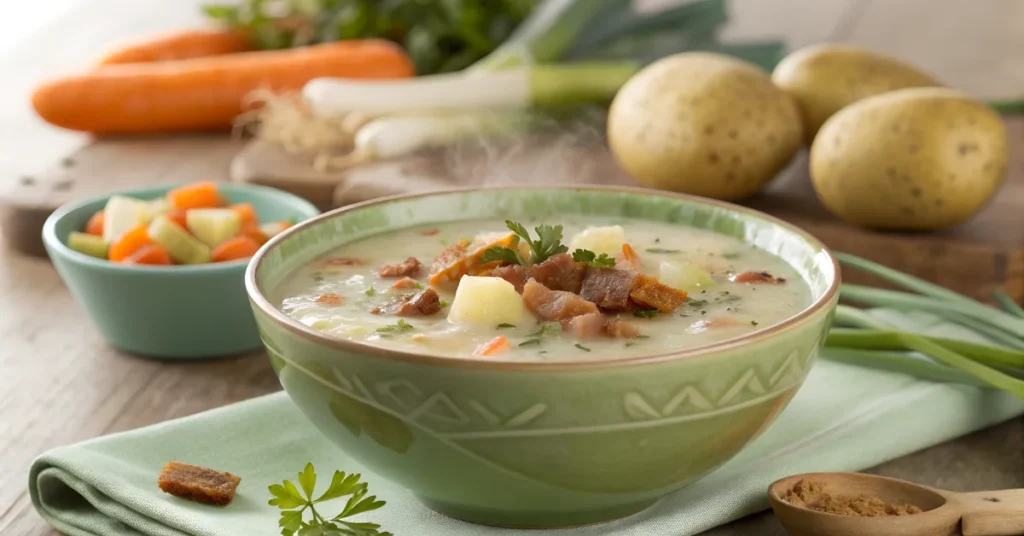 Eine Schüssel Kartoffelsuppe mit cremiger Textur, garniert mit knusprigem Speck und frischen Kräutern, umgeben von Zutaten wie Kartoffeln, Karotten, Lauch und Zwiebeln in einer gemütlichen, frisch grünen Küche.