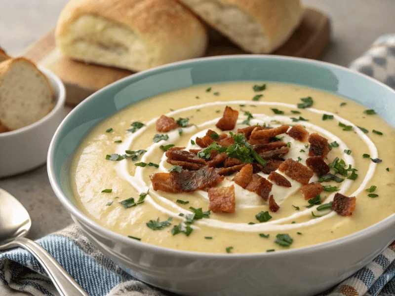 Cremige Kartoffelsuppe in einer Schüssel mit knusprigen Speckstücken, Sahne und frischen Kräutern dekoriert.