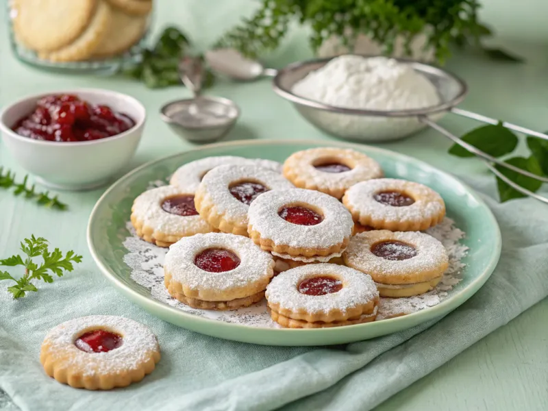 Frisch gebackene klassische Linzer Augen Kekse mit Ribiselmarmelade auf einem hellgrünen Hintergrund, bestäubt mit Puderzucker.