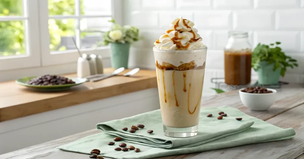 Eiskaffee Rezept: Glas mit Vanilleeis, Schlagsahne und Karamell auf einem rustikalen Holztisch.