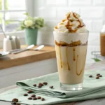 Eiskaffee Rezept: Glas mit Vanilleeis, Schlagsahne und Karamell auf einem rustikalen Holztisch.