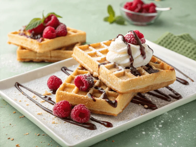 Rechteckige Brüsseler Waffeln mit Sahne, frischen Himbeeren und einem Schokoladendrip auf knuspriger Oberfläche.