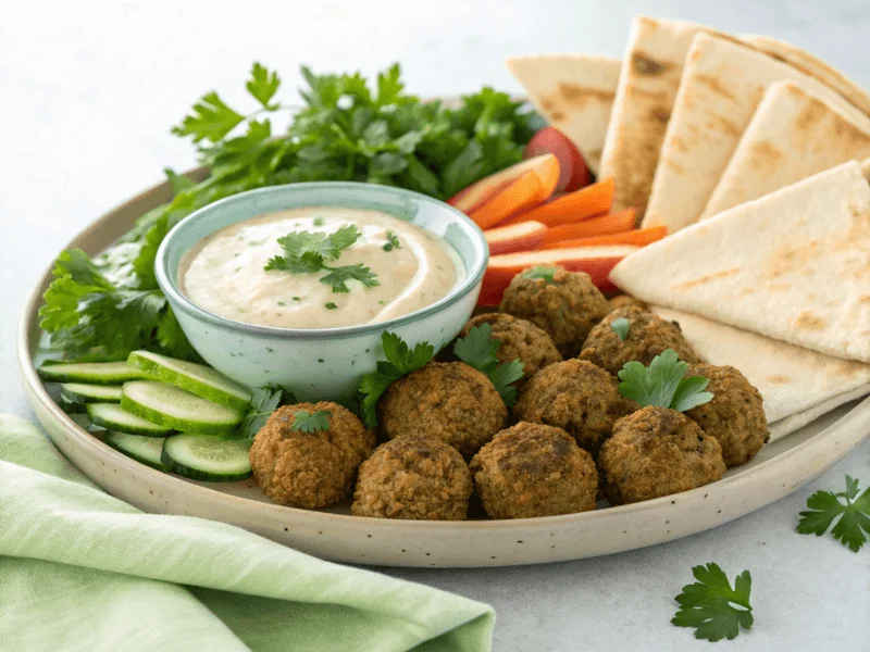 Knusprige Falafel-Bällchen, serviert mit frischen Gemüsesticks, Pita-Brot und Tahini-Dip – ein leckeres vegetarisches Airfryer Rezept.