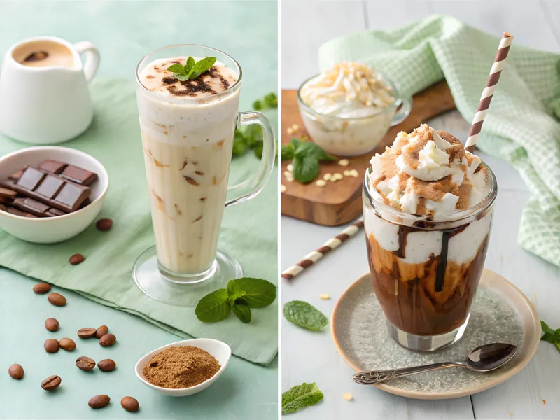 kreativen Eiskaffee-Rezepten: Veganer Eiskaffee, zuckerfreier Eiskaffee, Baileys-Eiskaffee und frappé-Stil Eiskaffee.