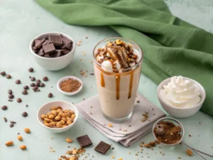 Eiskaffee Rezept mit kreativen Toppings wie Schokoladenraspeln, Karamell und Sahne in kleinen Schüsseln.