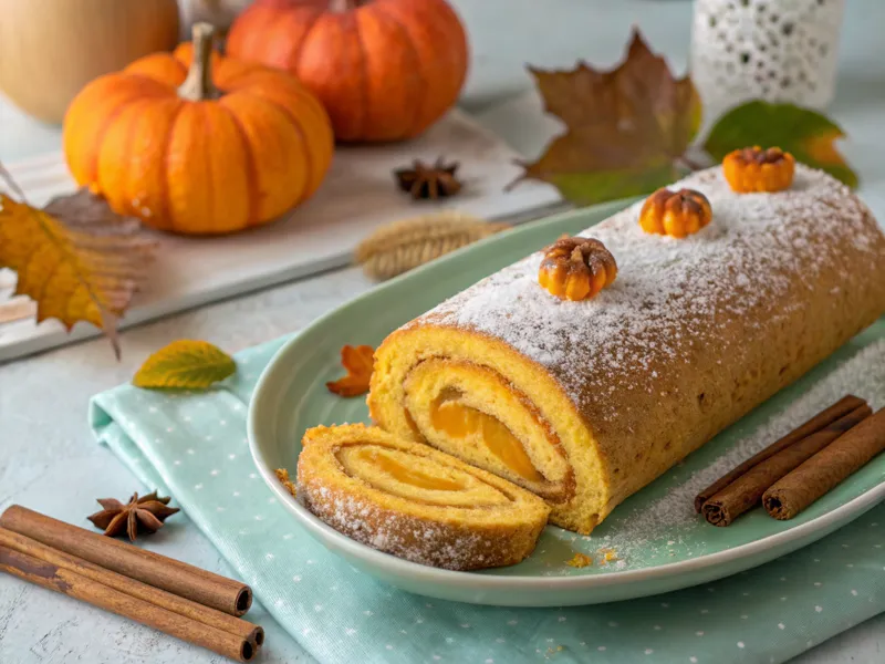 Herbstliche Kürbis-Biskuitroulade mit orangefarbener Kürbiscremefüllung auf einem hellgrünen Teller.