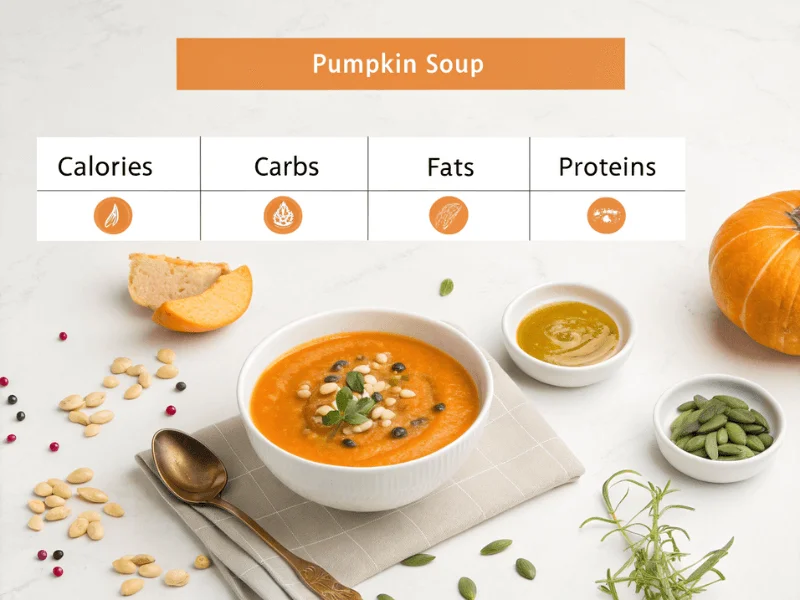 "Minimalistischer Nährwert-Chart für Kürbissuppe Thermomix mit Kalorien, Kohlenhydraten, Fetten und Eiweiß in orange-weißer Gestaltung.