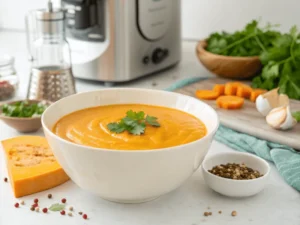 Das Pürieren einer cremigen Kürbissuppe im Thermomix mit Fokus auf die samtige Konsistenz.