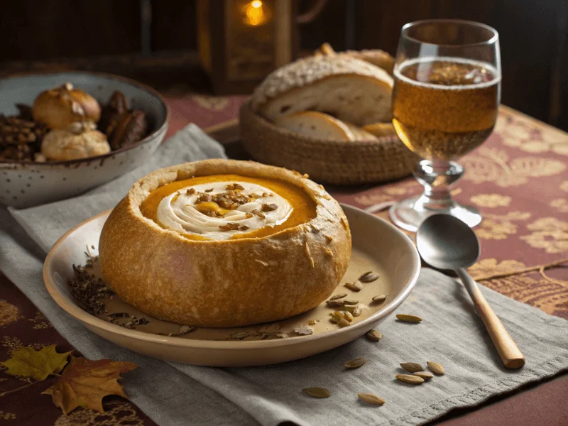 Kürbissuppe serviert in einer Brotschale mit Kokoscreme und gerösteten Kürbiskernen.